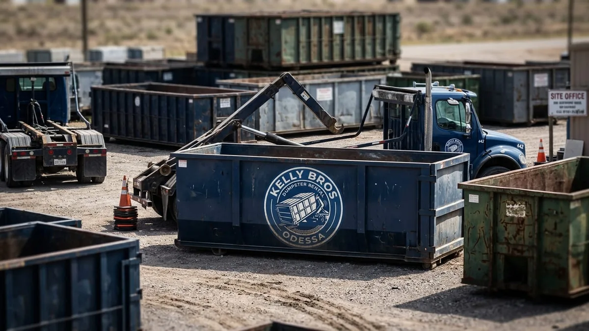 Roll-off dumpster rental in Goldsmith, TX delivered by Kelly Bros Dumpster Rental Odessa Roll-off dumpster rental in Goldsmith, TX delivered by Kelly Bros Dumpster Rental Odessa