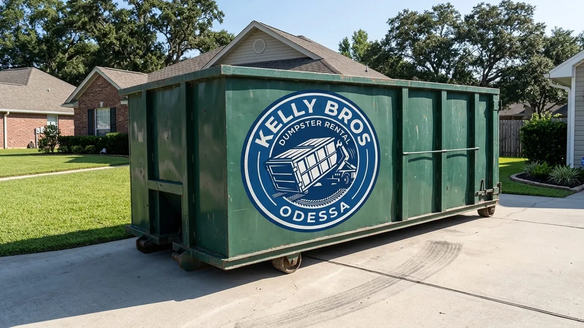 Kelly Bros Dumpster Rental roll-off dumpster being delivered to a Odessa, Texas driveway